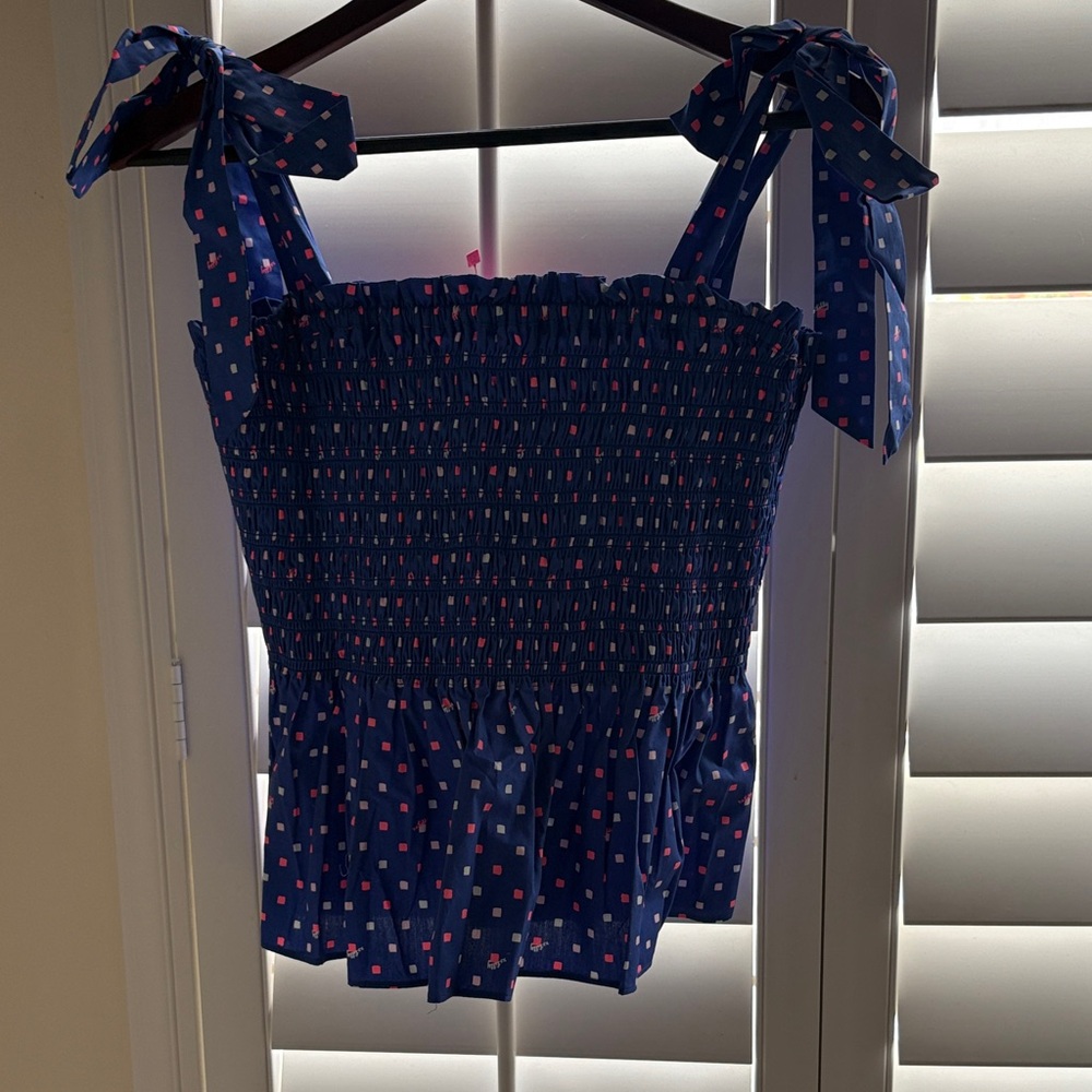 Lilly Pulitzer Navy Blue Smocked Tie-Strap Tank with Pink Dot Print